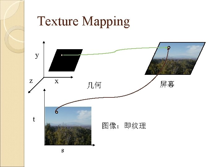 Texture Mapping y z x 屏幕 几何 t 图像：即纹理 s 