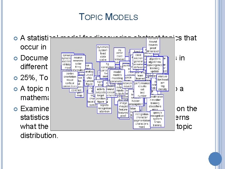 TOPIC MODELS A statistical model for discovering abstract topics that occur in a corpus