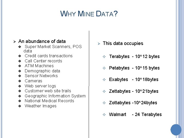 WHY MINE DATA? Ø An abundance of data v v v Super Market Scanners,