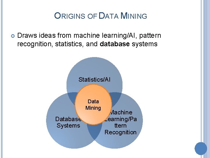 ORIGINS OF DATA MINING Draws ideas from machine learning/AI, pattern recognition, statistics, and database