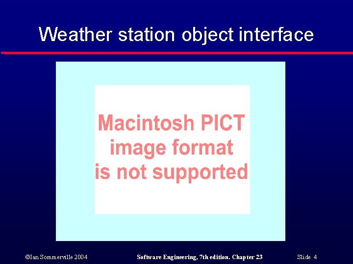 Weather station object interface ©Ian Sommerville 2004 Software Engineering, 7 th edition. Chapter 23