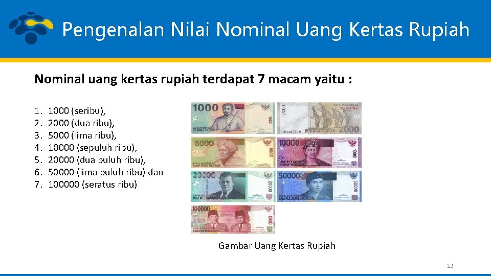 Pengenalan Nilai Nominal Uang Kertas Rupiah Nominal uang kertas rupiah terdapat 7 macam yaitu