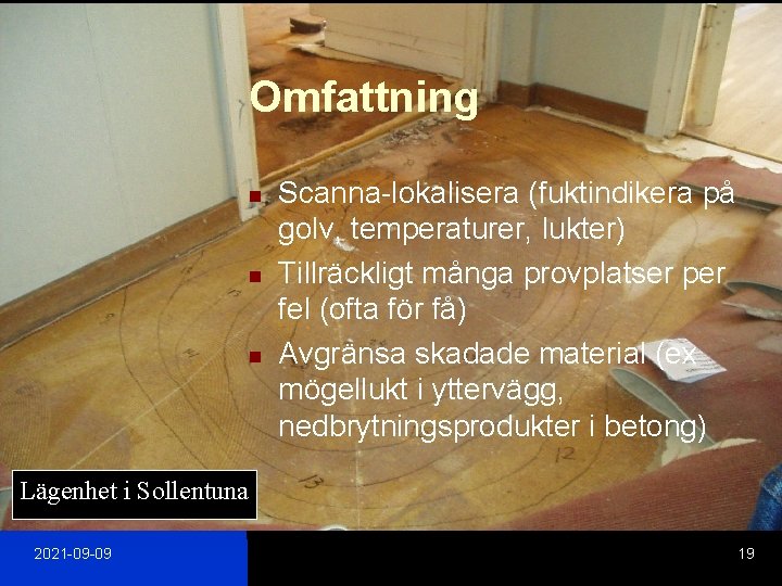 Omfattning n n n Scanna-lokalisera (fuktindikera på golv, temperaturer, lukter) Tillräckligt många provplatser per