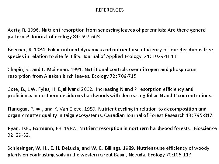 REFERENCES Aerts, R. 1996. Nutrient resorption from senescing leaves of perennials: Are there general