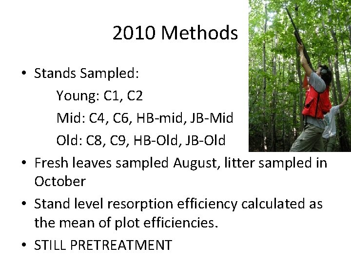 2010 Methods • Stands Sampled: Young: C 1, C 2 Mid: C 4, C