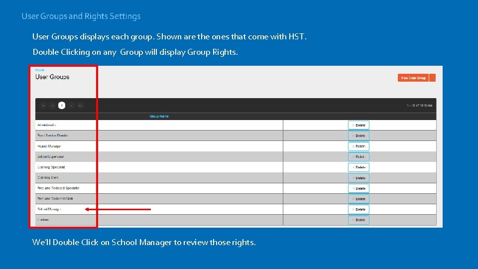 User Groups displays each group. Shown are the ones that come with HST. Double