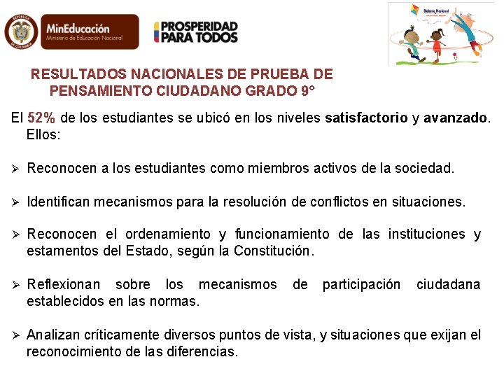 RESULTADOS NACIONALES DE PRUEBA DE PENSAMIENTO CIUDADANO GRADO 9° El 52% de los estudiantes