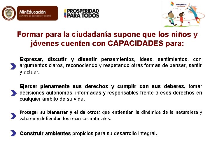 Formar para la ciudadanía supone que los niños y jóvenes cuenten con CAPACIDADES para: