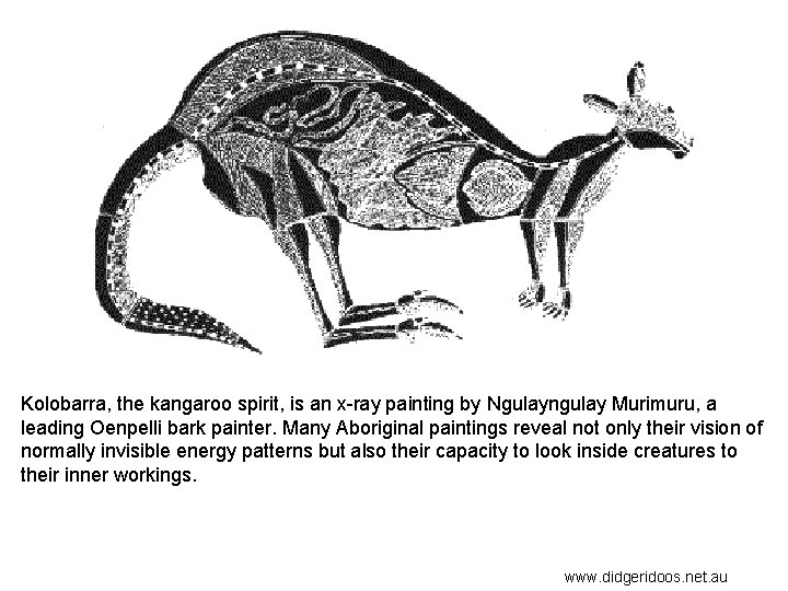 Kolobarra, the kangaroo spirit, is an x-ray painting by Ngulayngulay Murimuru, a leading Oenpelli