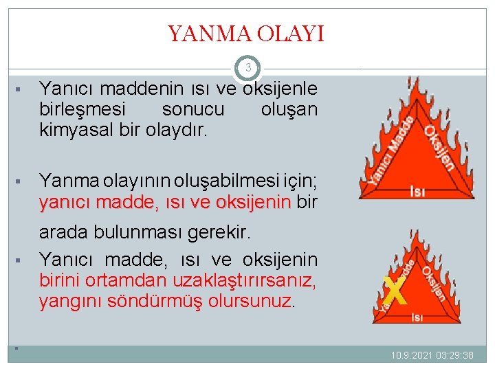 YANMA OLAYI 3 § Yanıcı maddenin ısı ve oksijenle birleşmesi sonucu oluşan kimyasal bir