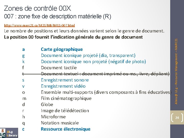 Zones de contrôle 00 X 007 : zone fixe de description matérielle (R) Le