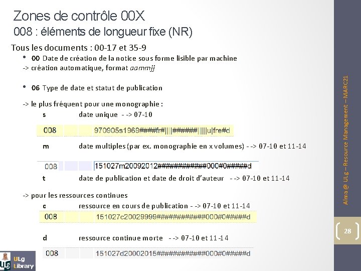 Zones de contrôle 00 X 008 : éléments de longueur fixe (NR) Tous les