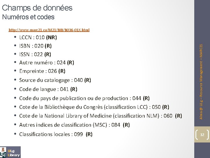 Champs de données Numéros et codes • • • LCCN : 010 (NR) ISBN