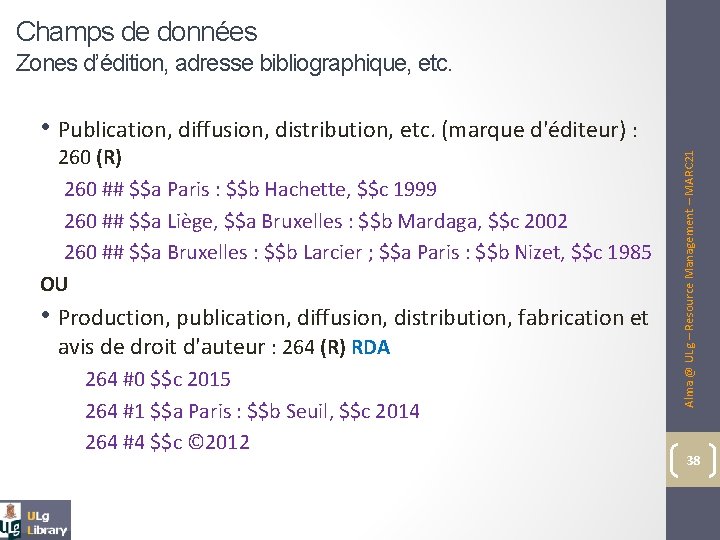 Champs de données Zones d’édition, adresse bibliographique, etc. 260 (R) 260 ## $$a Paris