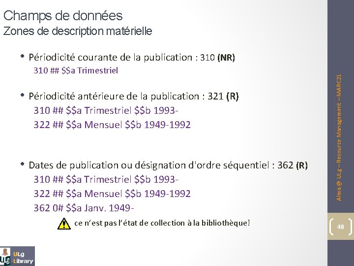 Champs de données Zones de description matérielle 310 ## $$a Trimestriel • Périodicité antérieure