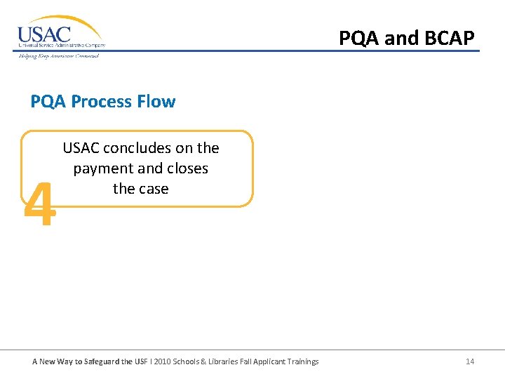 PQA and BCAP PQA Process Flow 4 USAC concludes on the payment and closes