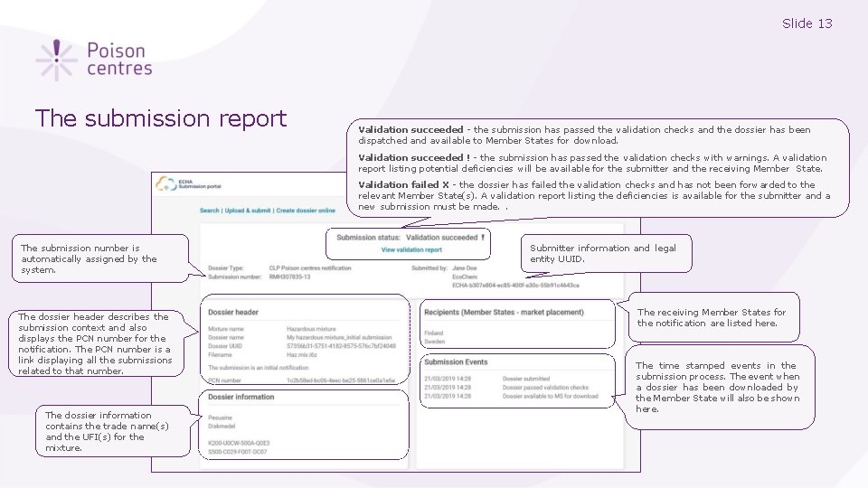 Slide 13 The submission report Validation succeeded - the submission has passed the validation