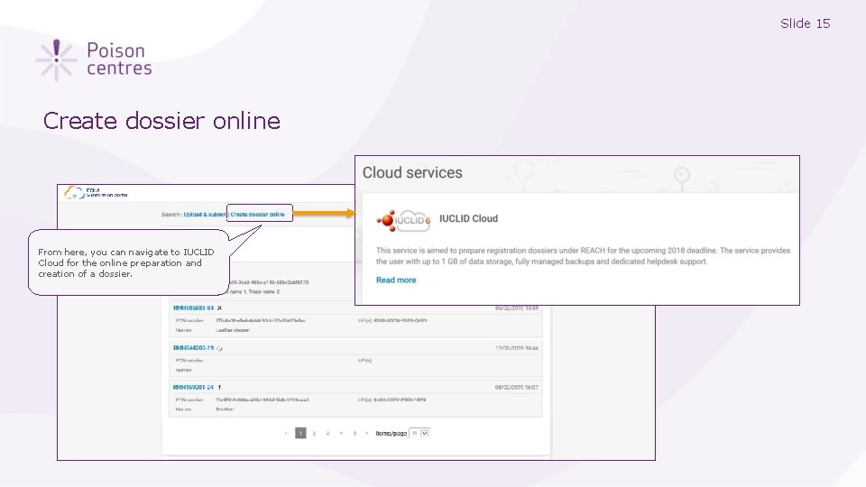 Slide 15 Create dossier online From here, you can navigate to IUCLID Cloud for