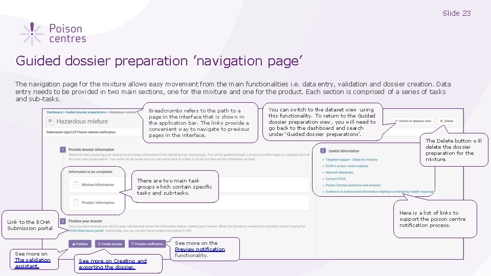 Slide 23 Guided dossier preparation ’navigation page’ The navigation page for the mixture allows