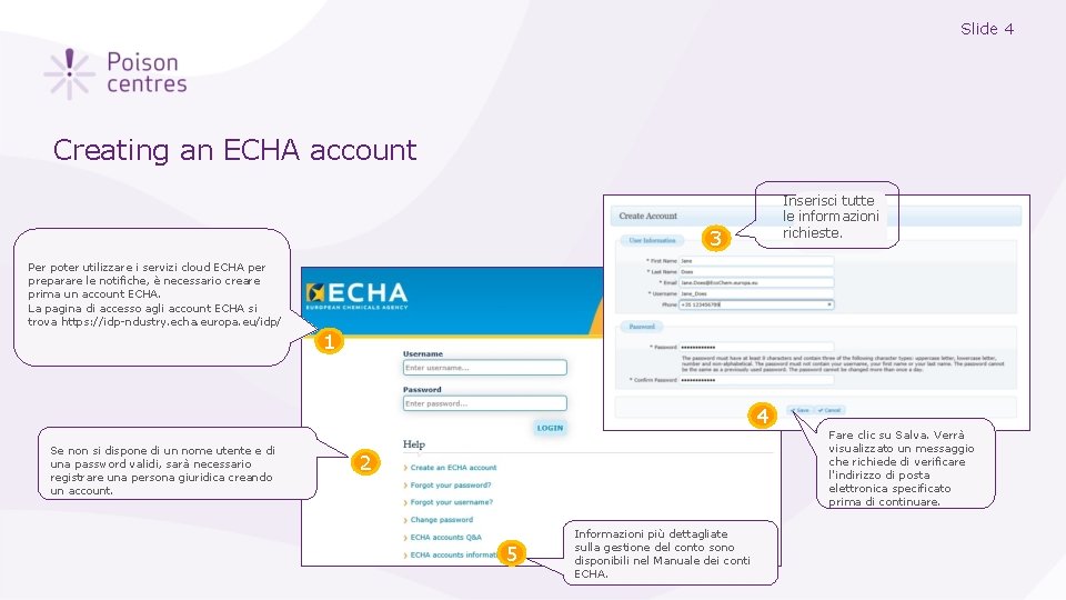 Slide 4 Creating an ECHA account Inserisci tutte le informazioni richieste. 3 Per poter