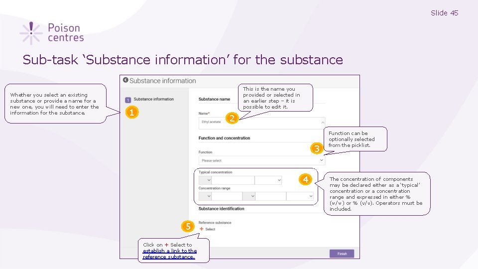 Slide 45 Sub-task ‘Substance information’ for the substance Whether you select an existing substance