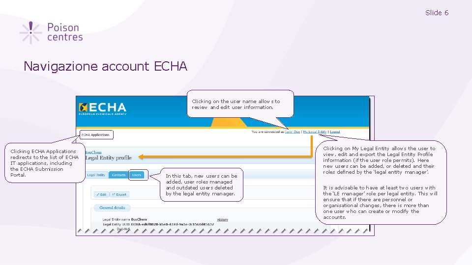Slide 6 Navigazione account ECHA Clicking on the user name allows to review and