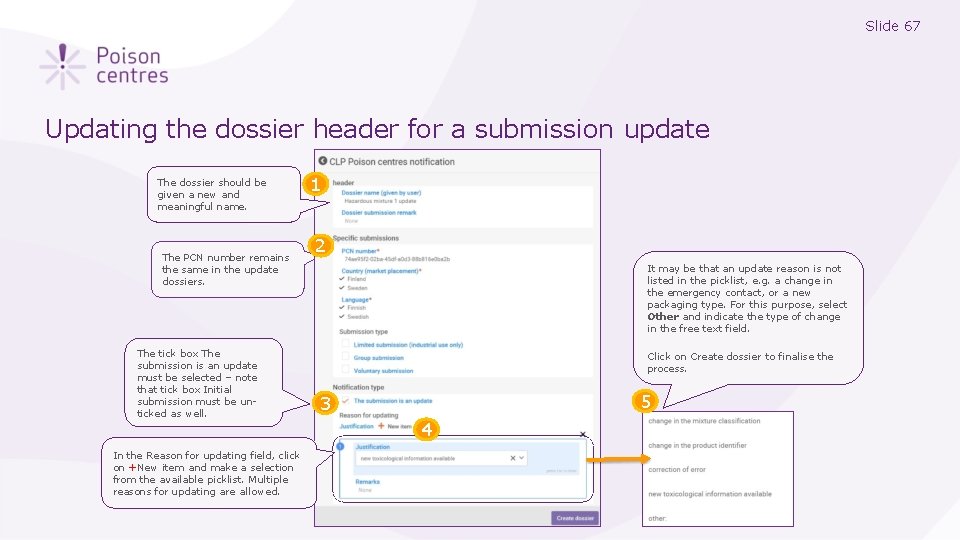 Slide 67 Updating the dossier header for a submission update The dossier should be
