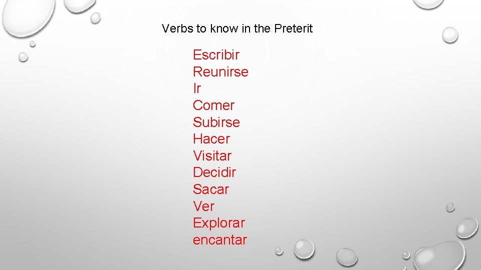 Verbs to know in the Preterit Escribir Reunirse Ir Comer Subirse Hacer Visitar Decidir