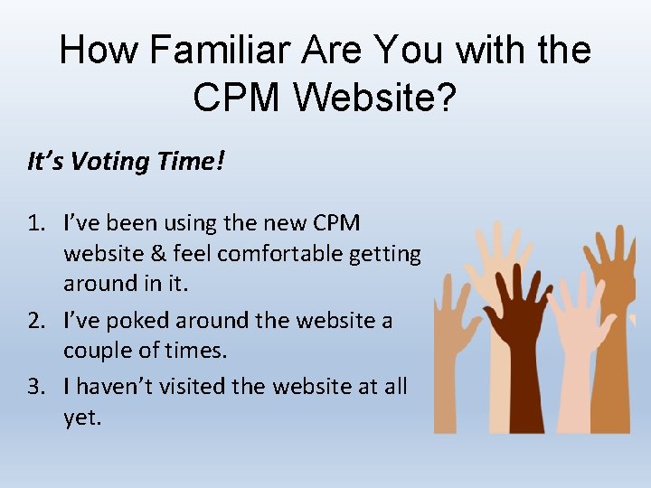 How Familiar Are You with the CPM Website? It’s Voting Time! 1. I’ve been