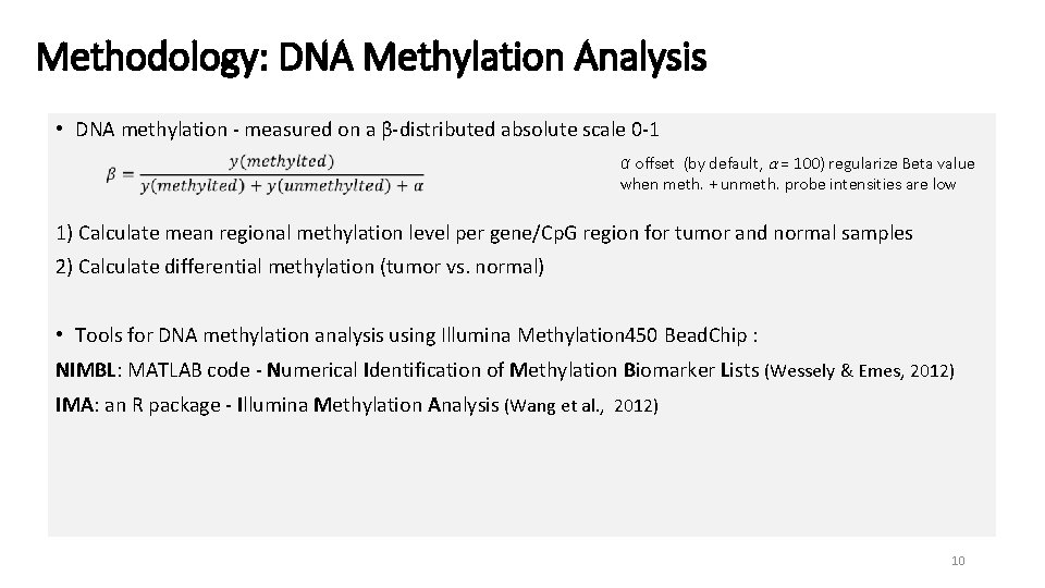 Methodology: DNA Methylation Analysis • DNA methylation - measured on a β-distributed absolute scale