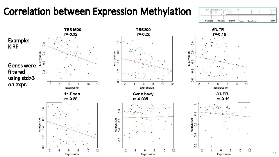 Correlation between Expression Methylation TSS 1500 r=-0. 32 TSS 200 r=-0. 25 1 st