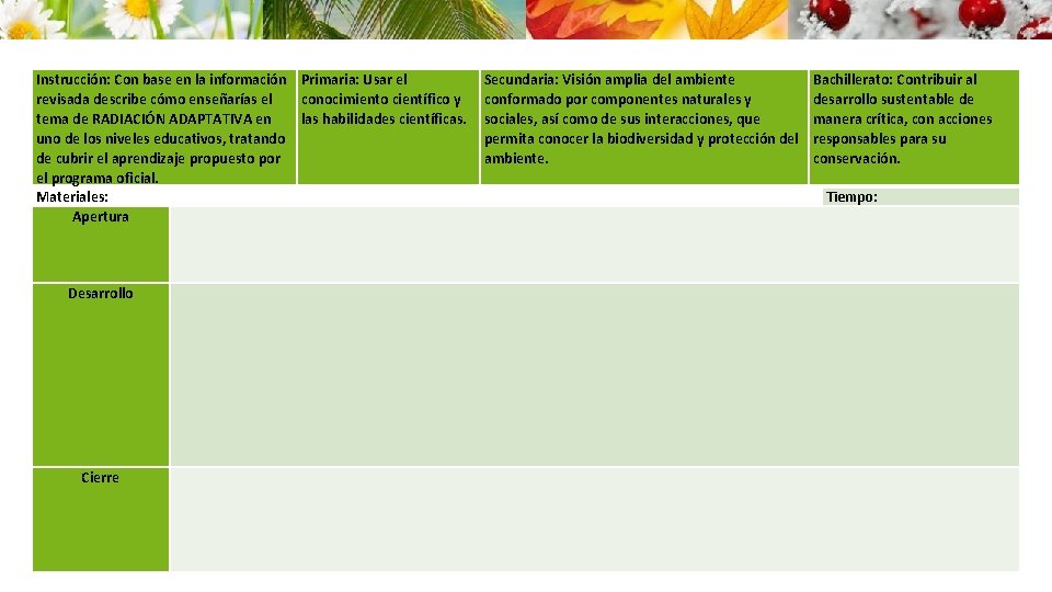 Instrucción: Con base en la información Primaria: Usar el revisada describe cómo enseñarías el