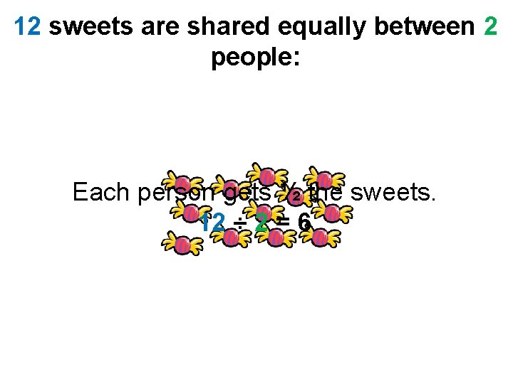 12 sweets are shared equally between 2 people: Each person gets ½ the sweets.