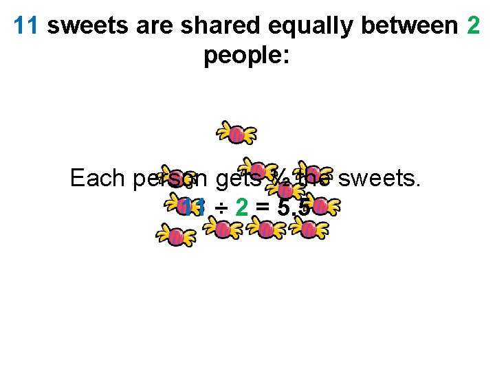 11 sweets are shared equally between 2 people: Each person gets ½ the sweets.