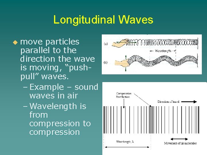 Longitudinal Waves u move particles parallel to the direction the wave is moving, “pushpull”