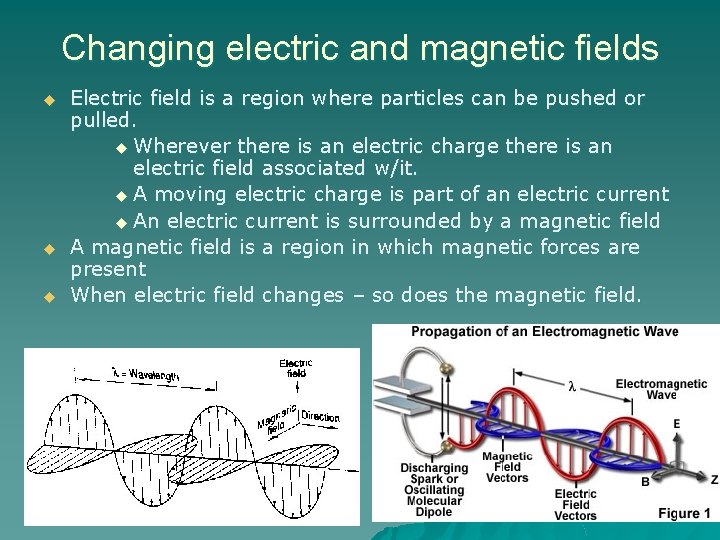 Changing electric and magnetic fields u u u Electric field is a region where