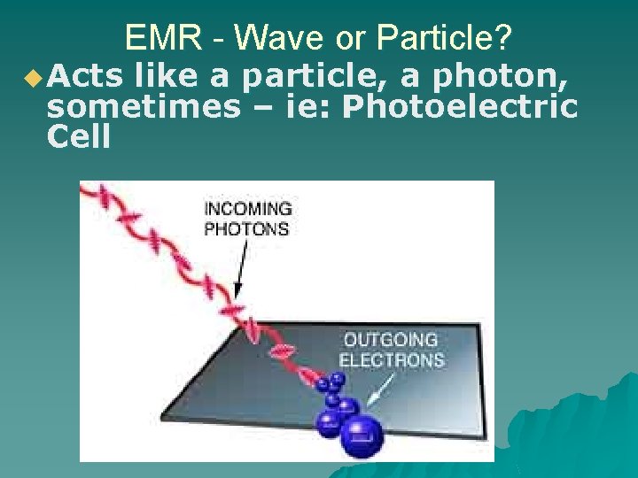 EMR - Wave or Particle? u Acts like a particle, a photon, sometimes –