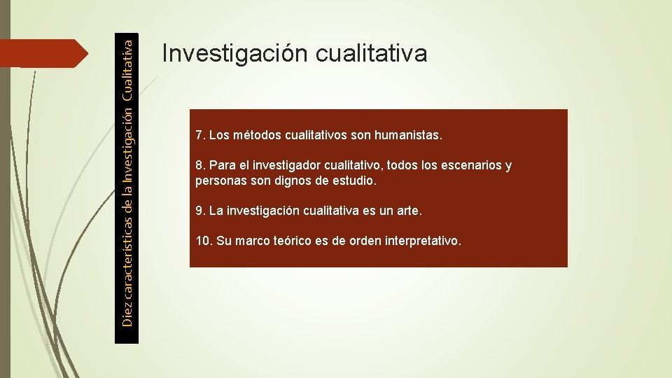 Diez características de la Investigación Cualitativa Investigación cualitativa 7. Los métodos cualitativos son humanistas.