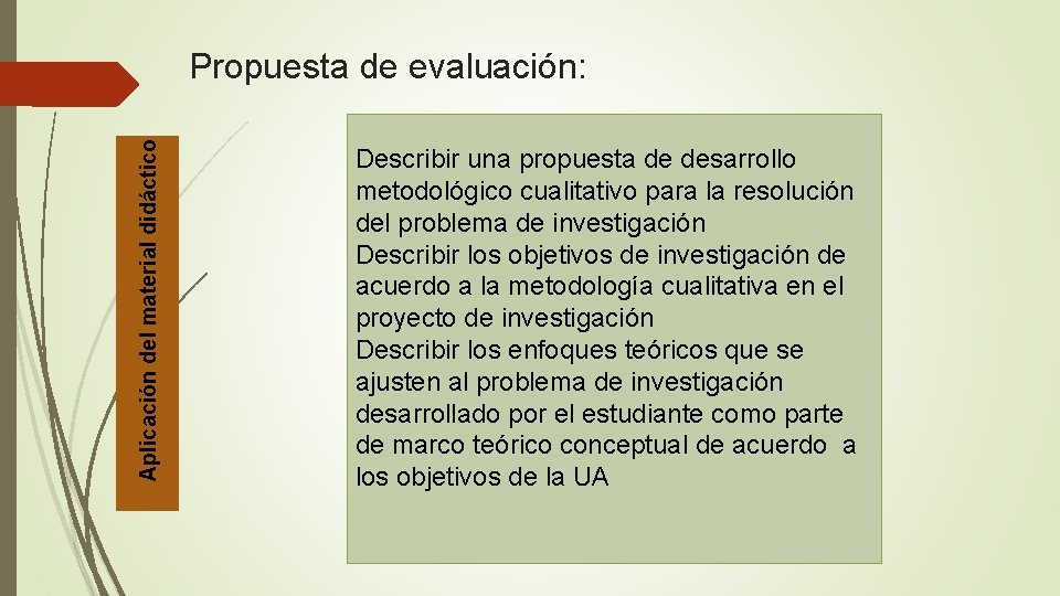 Aplicación del material didáctico Propuesta de evaluación: Describir una propuesta de desarrollo metodológico cualitativo