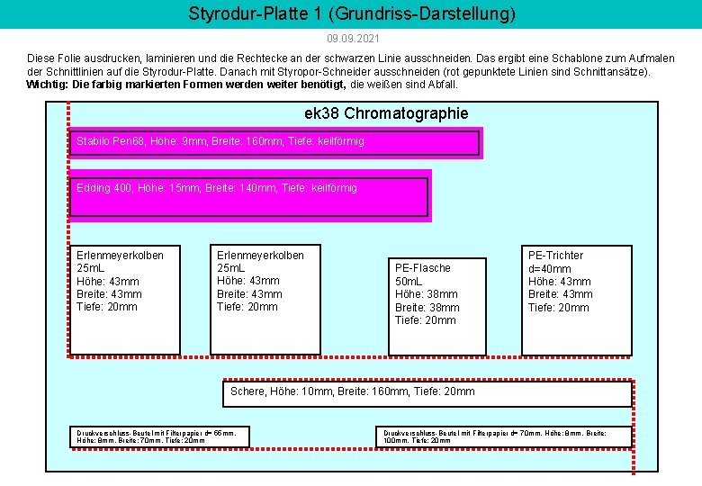 Styrodur-Platte 1 (Grundriss-Darstellung) 09. 2021 Diese Folie ausdrucken, laminieren und die Rechtecke an der