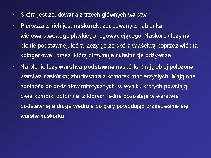 • Skóra jest zbudowana z trzech głównych warstw. • Pierwszą z nich jest • Skóra jest zbudowana z trzech głównych warstw. • Pierwszą z nich jest