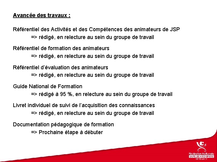 Avancée des travaux : Référentiel des Activités et des Compétences des animateurs de JSP