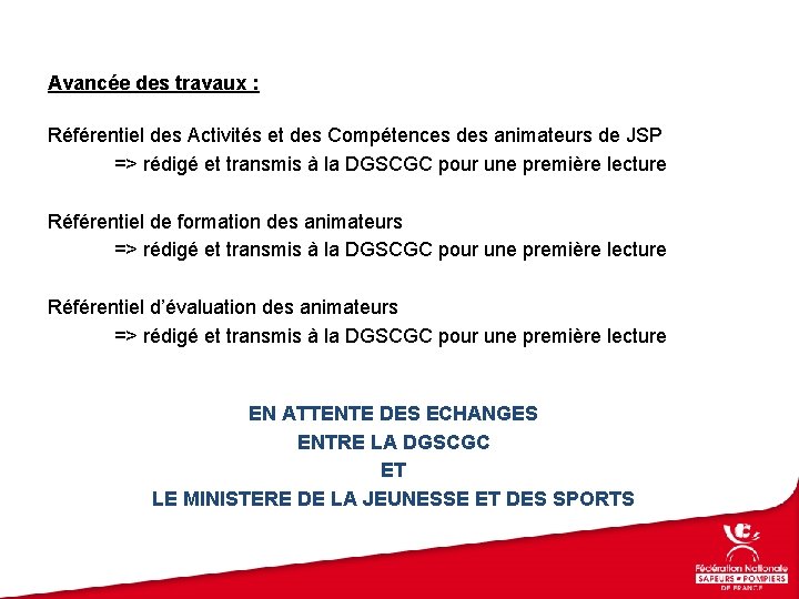 Avancée des travaux : Référentiel des Activités et des Compétences des animateurs de JSP