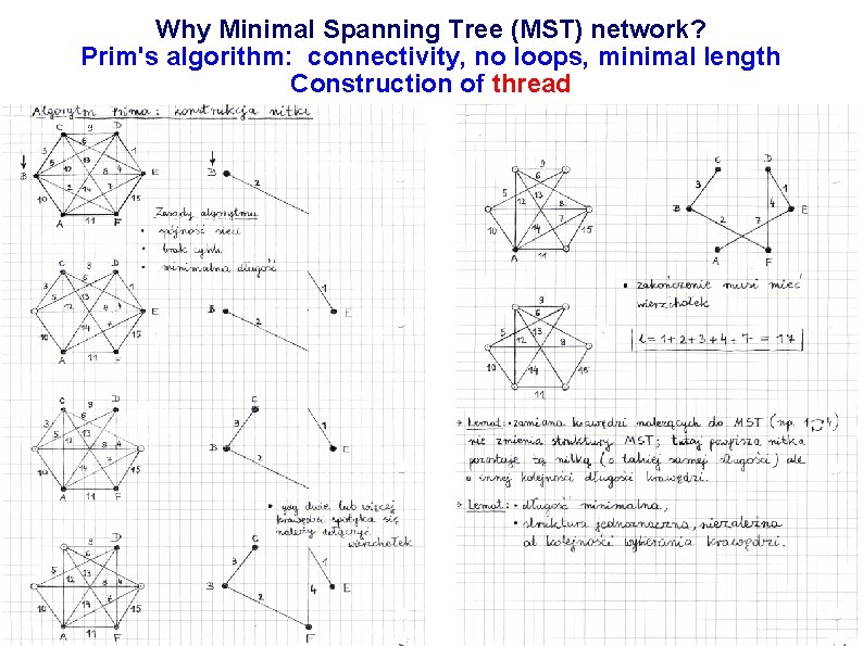 Why Minimal Spanning Tree (MST) network? Prim's algorithm: connectivity, no loops, minimal length Construction