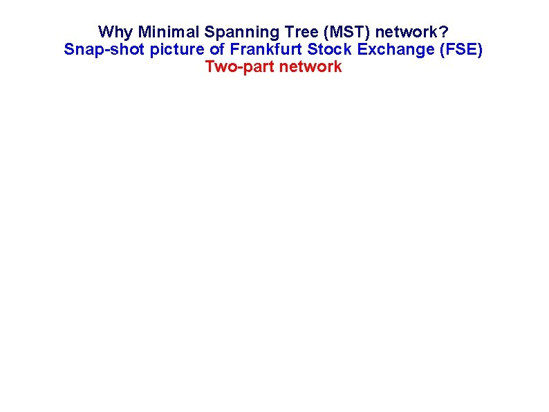 Why Minimal Spanning Tree (MST) network? Snap-shot picture of Frankfurt Stock Exchange (FSE) Two-part