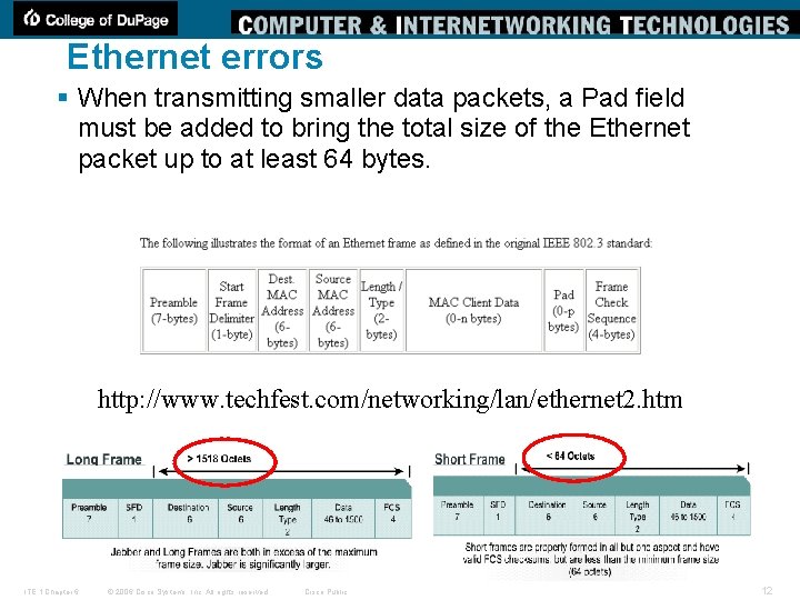 Ethernet errors § When transmitting smaller data packets, a Pad field must be added