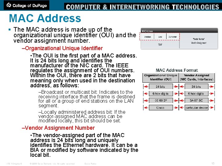 MAC Address § The MAC address is made up of the organizational unique identifier