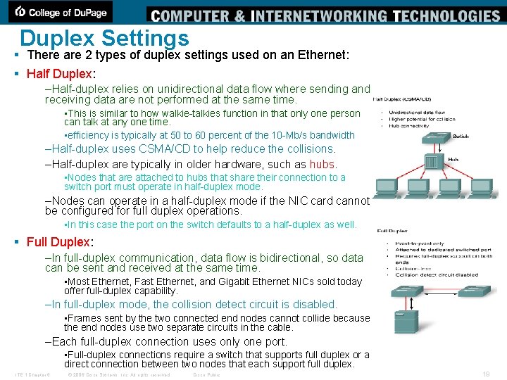 Duplex Settings § There are 2 types of duplex settings used on an Ethernet: