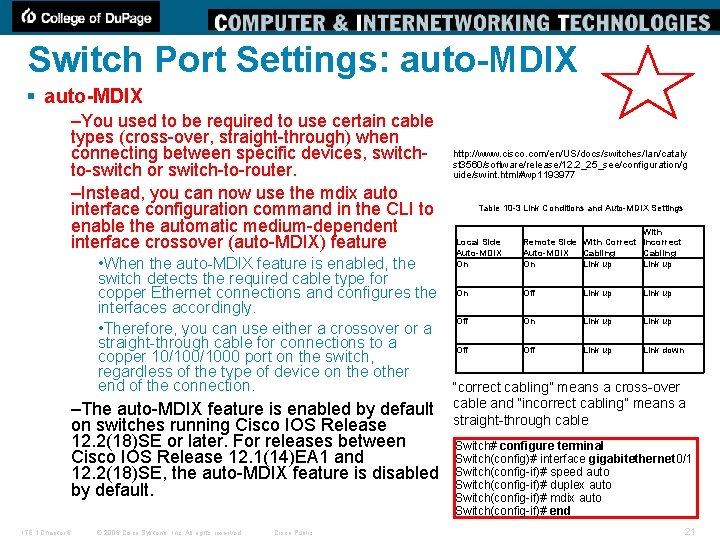 Switch Port Settings: auto-MDIX § auto-MDIX –You used to be required to use certain