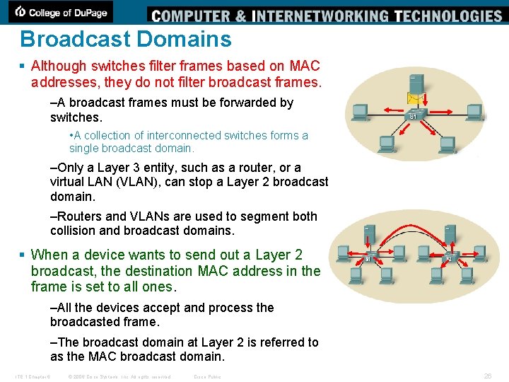 Broadcast Domains § Although switches filter frames based on MAC addresses, they do not